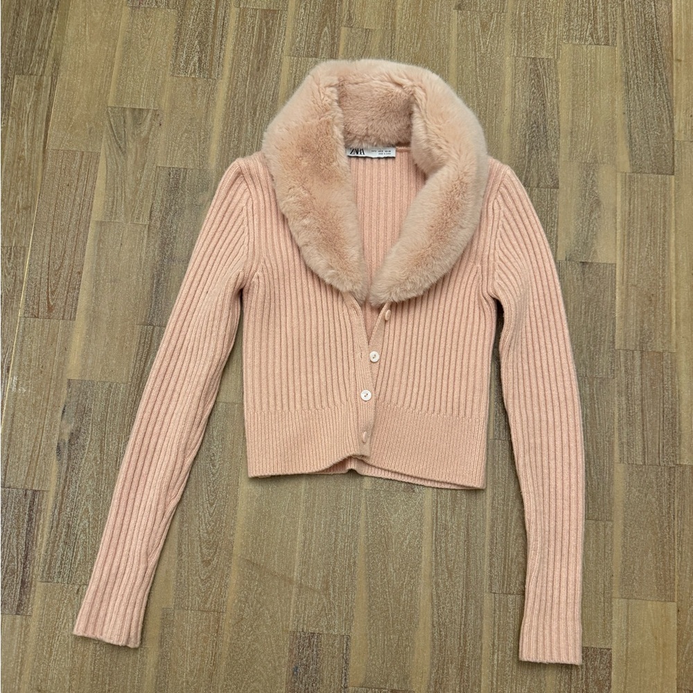 Zara Pink Faux Fur Sweater Cardigan Small